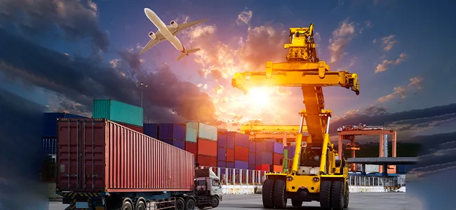 Cargo ship, containers and airplane showcasing a Freight Forwarding Company in UAE.